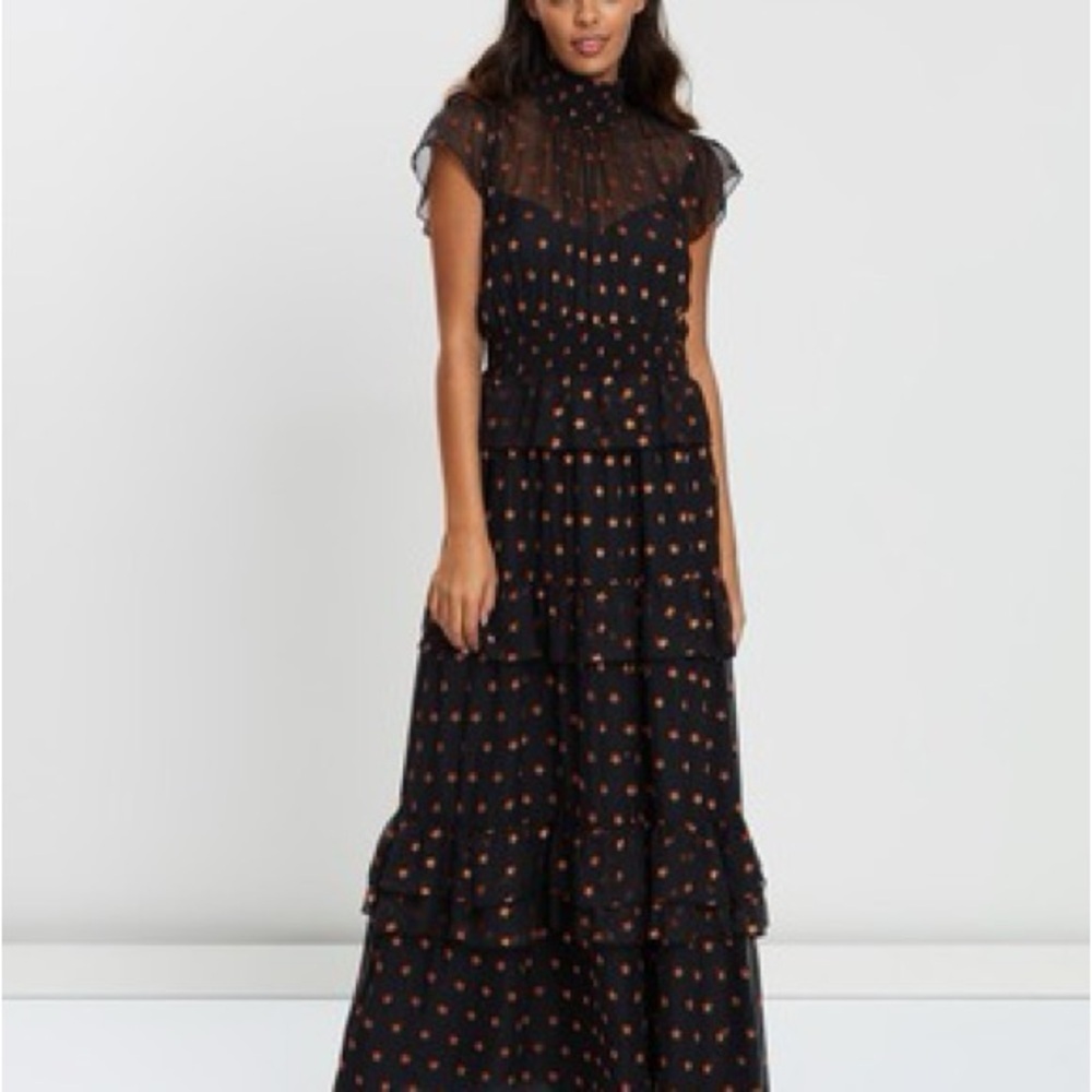 Scotch & Soda Maison Scotch Silk Blend Maxi Dress Black with Orange Stars Size M